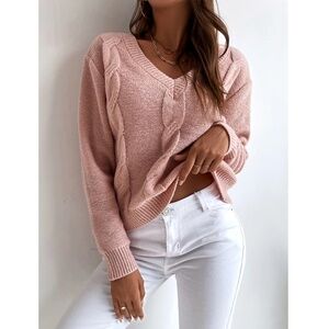 Pink Knit Braid Textured V-Neck Pullover Sweater